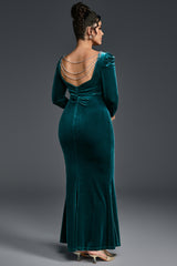 Curveins Plus Size Round Neck Long Sleeve Rhinestone Waist Bodycon Velvet Maxi Dress