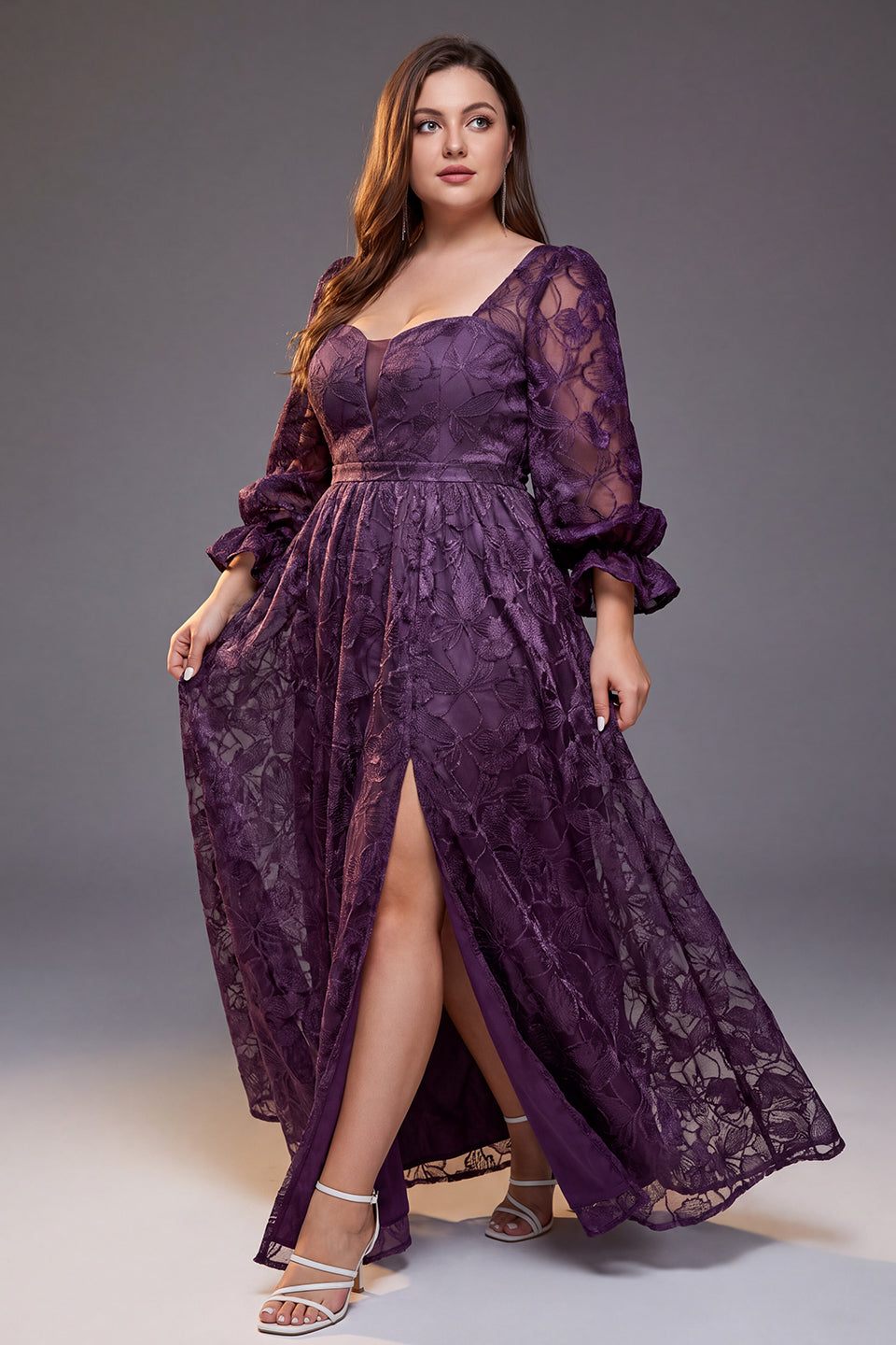 Curveins Plus Size Floral V Neck Long Sleeve Split Elegant Flowy Feminine Maxi Dress