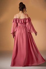 Curveins Plus Size Off-Shoulder Long Sleeve Solid Color Waist-Defined Maxi Dress