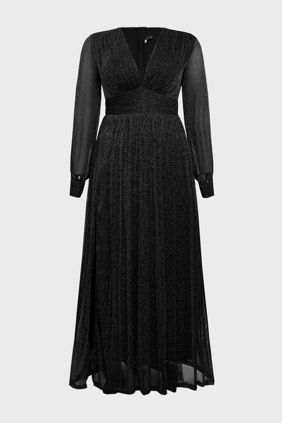 Curveins Plus Size V-Neck Lantern Sleeve Slit Hem Maxi Dress