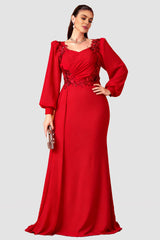 Curveins Plus Size Elegant V-Neck Sequin Floral Lantern Sleeve Slimming Maxi Dress
