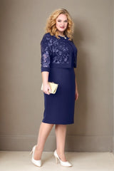 Curveins Plus Size Round Neck Two Piece Embroidered Bodycon Midi Dress