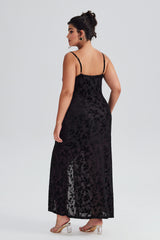 Curveins Plus Size Velvet Halter V-Neck Slit Maxi Dress