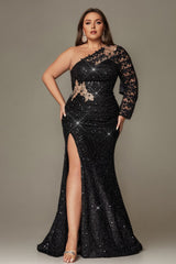 Curveins Plus Size One Shoulder Sequin High Slit Elegant Glamorous Evening Maxi Dress