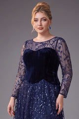 Curveins Plus Size Crew Neck Long Sleeve Leaf Sequin High Slit Velvet Maxi Dress