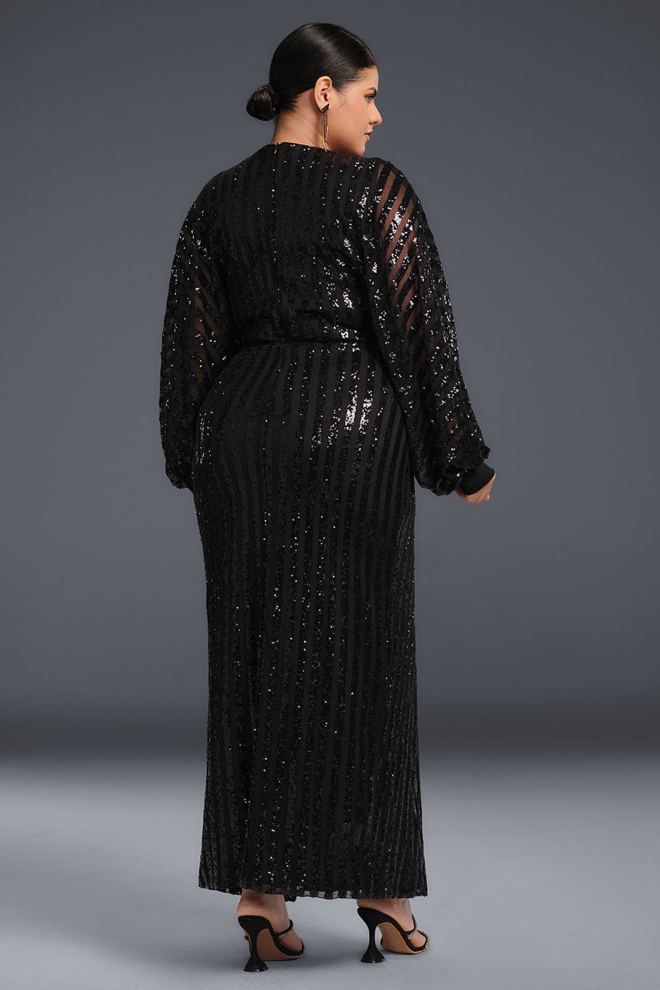 Curveins Plus Size V-Neck Striped Sequin Long Sleeve Slit Maxi Dress