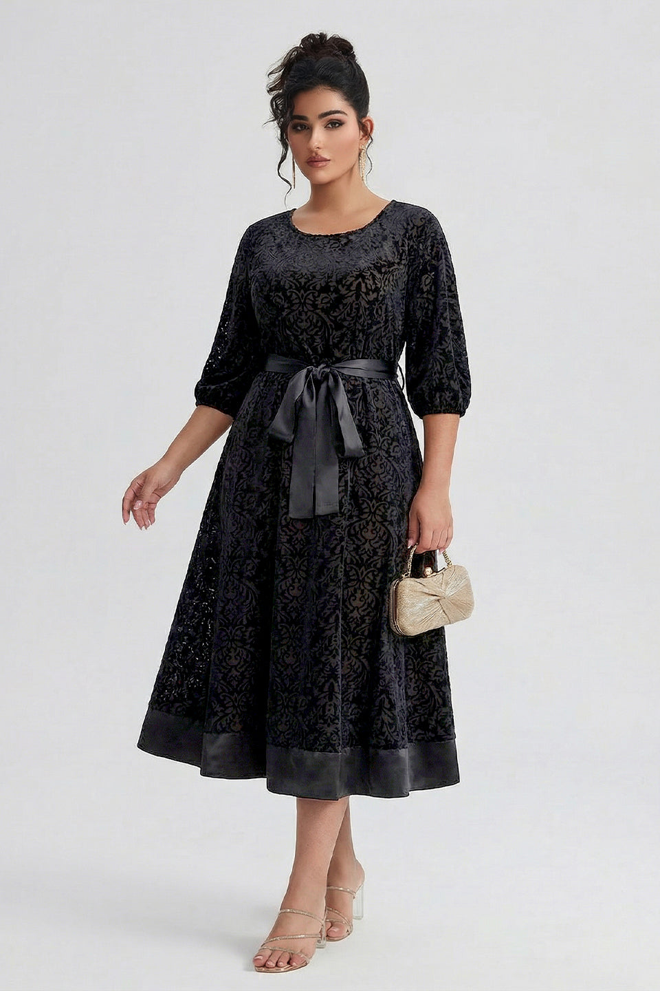 Curveins Plus Size Round Neck Floral Embroidery Belted Velvet Midi Dress