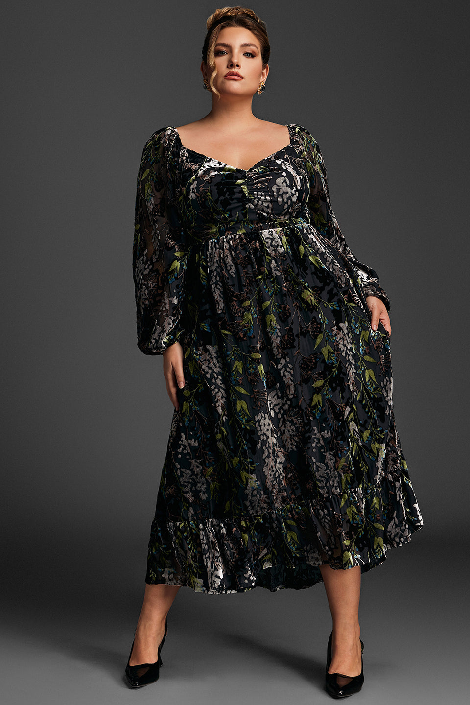 Curveins Plus Size Velvet Draped Collar Embroidered Ruched Long Dress