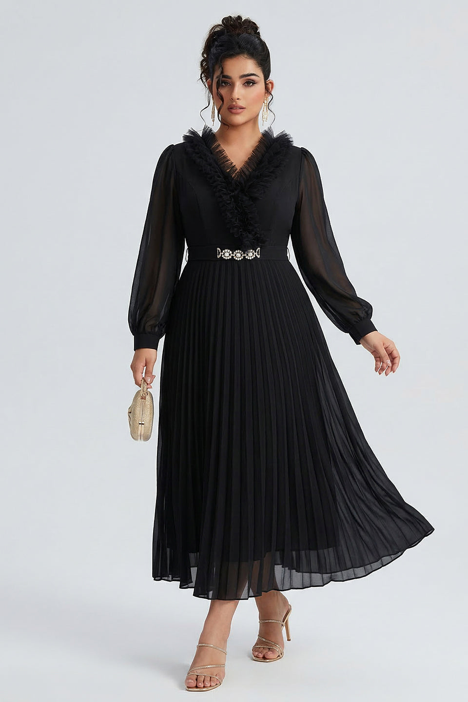 Curveins Plus Size Elegant Black V-Neck Pleated Maxi Dress with Crystal Belt