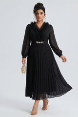 Curveins Plus Size Elegant Black V-Neck Pleated Maxi Dress with Crystal Belt