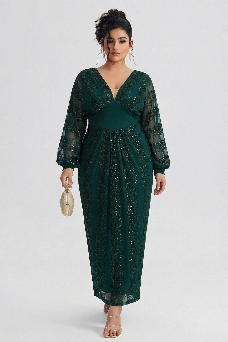 Curveins Plus Size V-Neck Sequin Balloon Sleeve Back-Slit Elegant Evening Maxi Dress