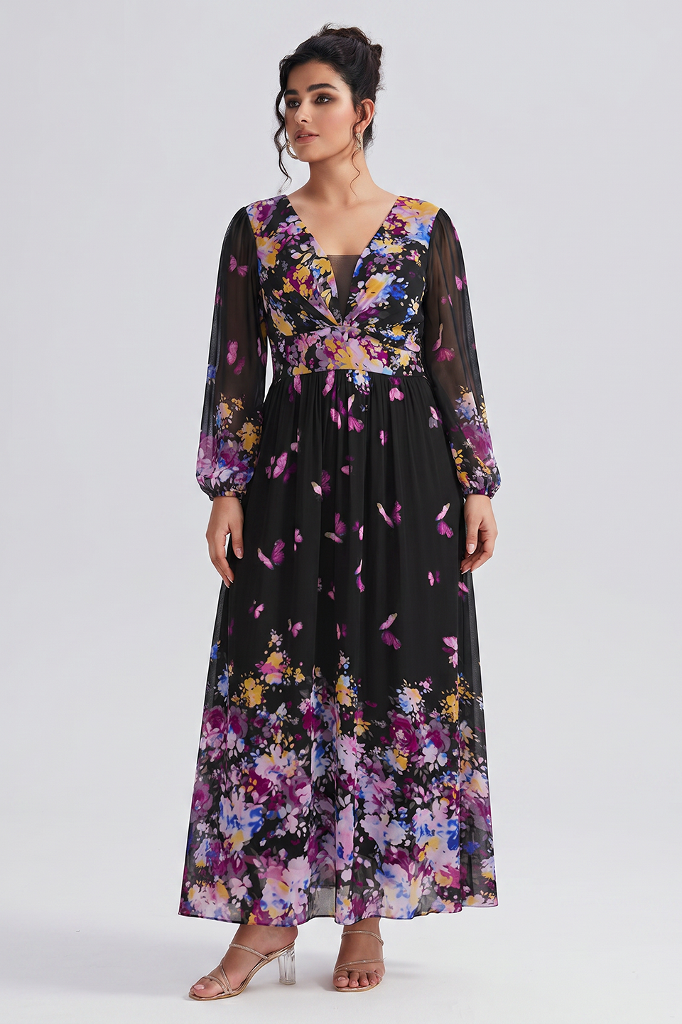 Curveins Plus Size V Neck Floral Long Sleeve Flowy Elegant Casual Maxi Dress