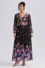 Curveins Plus Size V Neck Floral Long Sleeve Flowy Elegant Casual Maxi Dress