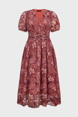 Curveins Plus Size V Neck Short Sleeve Floral Ruched Waist Flowy Elegant Maxi Dress