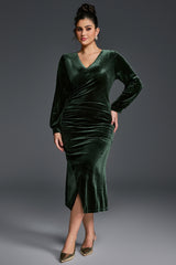 Curveins Plus Size V-Neck Long Sleeves Side Slit Bodycon Maxi Dress