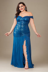 Curveins Plus Size Off-Shoulder Sequin Patchwork Maxi Dress with Side Slit