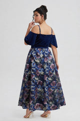 Curveins Plus Size Spaghetti Strap Off-Shoulder Printed Maxi Dress with Patchwork Detail