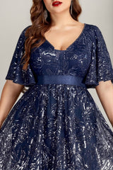 Curveins Plus Size Sparkly Floral V Neck Batwing Sleeve Gathered Waist Flowy Maxi Dress