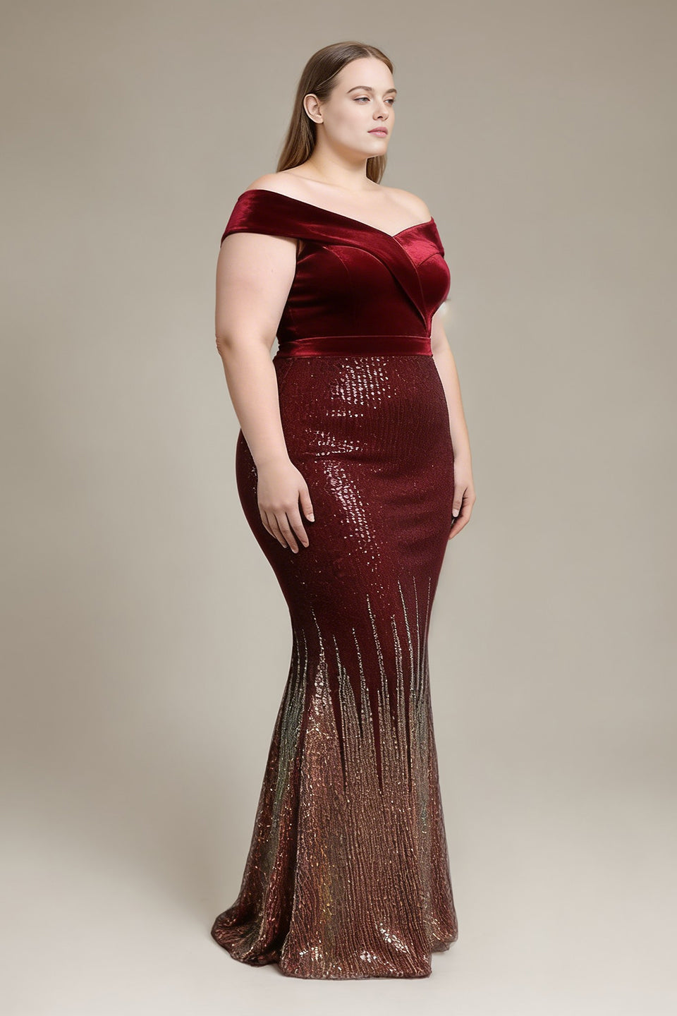Curveins Plus Size Elegant Off-Shoulder Velvet Fishtail Long Dress