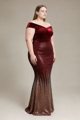 Curveins Plus Size Elegant Off-Shoulder Velvet Fishtail Long Dress