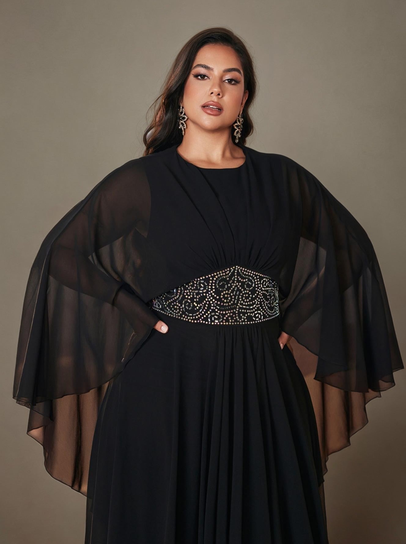 Curveins Plus Size Beaded Cape Sleeve Modest Maxi Dress for Elegant Evenings