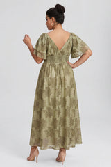 Curveins Plus Size V Neck Batwing Sleeve Plaid Pattern Flowy Maxi Dress