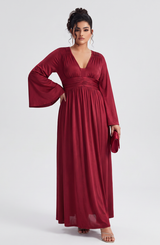 Curveins Plus Size Solid Color Long Sleeve V Neck Ruched Waist Elegant Maxi Dress