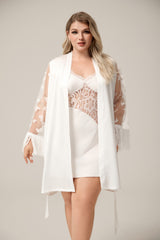 Curveins Plus Size Transparent Sleeve Lace Top with Tassel Cuffs, Stylish Short Pajama Set