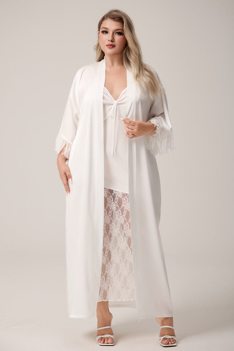 Curveins Plus Size Long Satin Chiffon Feather Sleeve Relaxed Fit Robe Sleepwear