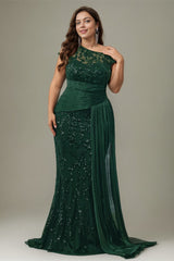 Curveins Plus Size One Shoulder Sleeveless Embroidered Sequin Patchwork Bodycon Maxi Dress