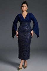 Curveins Plus Size V-Neck Open Sleeve Sequin Panel Bodycon Maxi Dress