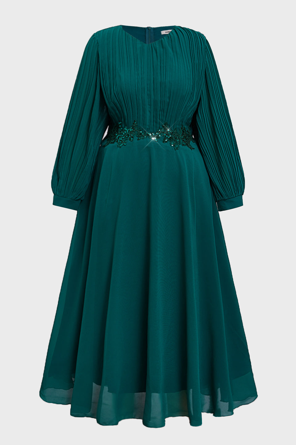 Curveins Plus Size Crew Neck Long Sleeve Pleated Midi Dress