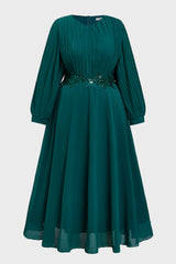 Curveins Plus Size Crew Neck Long Sleeve Pleated Midi Dress