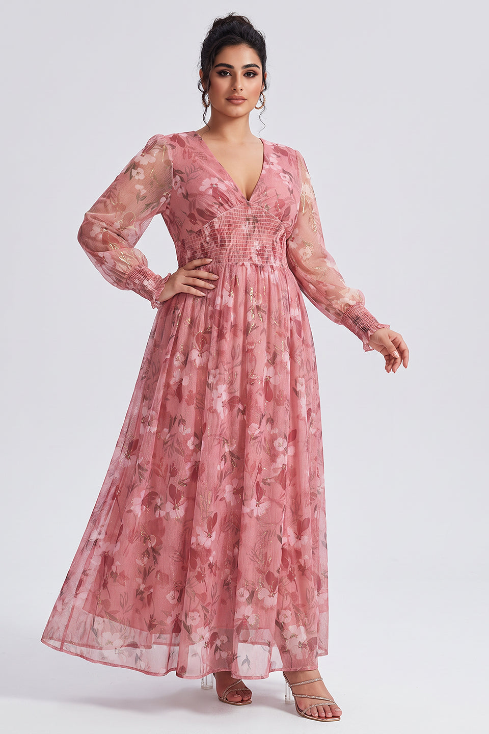 Curveins Plus Size V Neck Long Sleeve Floral Cinched Waist Maxi Dress