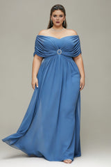 Curveins Plus Size Off Shoulder Waist-Defined Solid Color Maxi Dress
