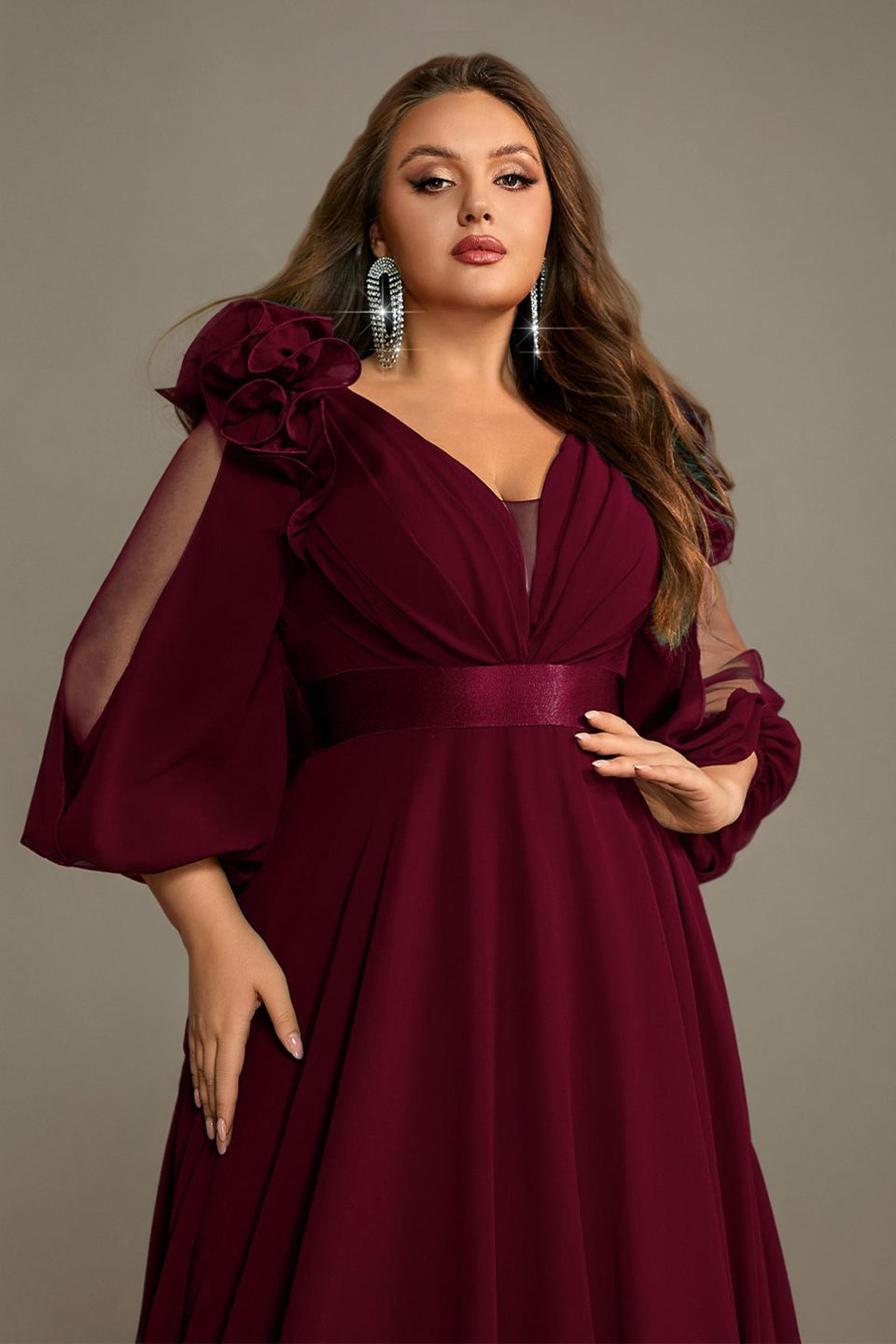 Curveins Plus Size Elegant V-Neck Batwing Sleeve Waist-Hugging Long Dress 22-24/3X / Coralpink