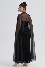 Curveins Plus Size Flattering V-Neck Cape Style Sleeveless Velvet Maxi Dress