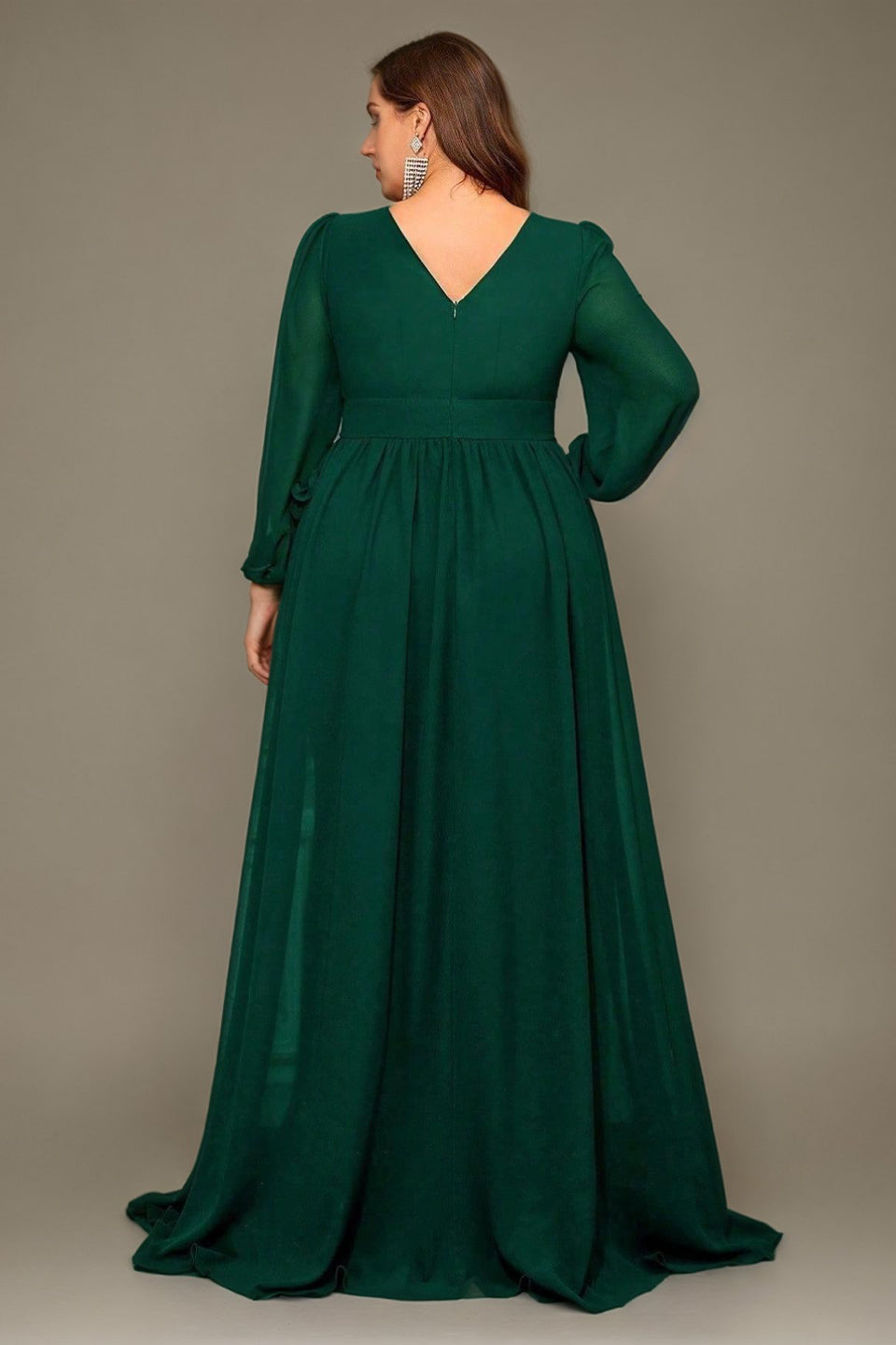 Curveins Plus Size V-Neck Chiffon Maxi Dress with Floral Lantern Sleeves