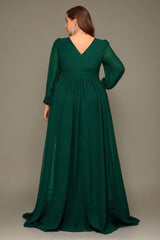 Curveins Plus Size V-Neck Chiffon Maxi Dress with Floral Lantern Sleeves