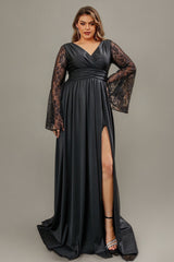 Curveins Plus Size Romantic Lace V Neck Flared Sleeve Slim Waist Split Hem Maxi Dress