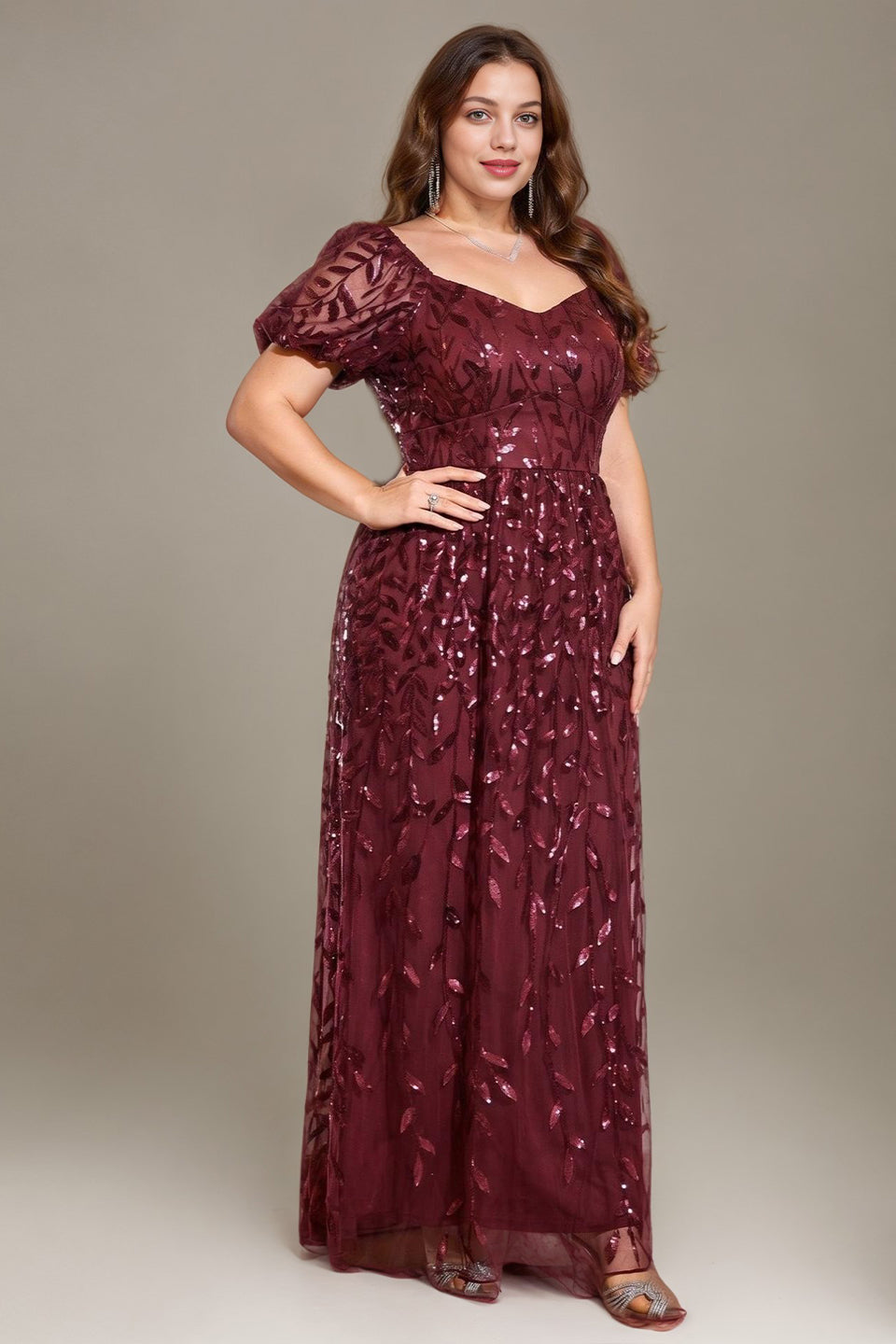 Curveins Plus Size Short Sleeve Embroidered Sequin Puff Sleeve Elegant Maxi Dress