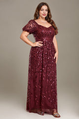 Curveins Plus Size Short Sleeve Embroidered Sequin Puff Sleeve Elegant Maxi Dress