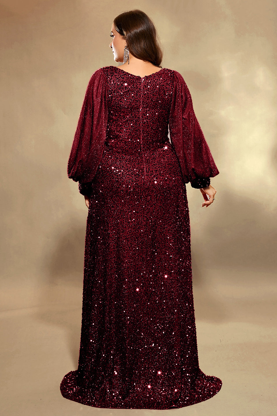 Curveins Plus Size Sequin V Neck Lantern Sleeve Maxi Dress