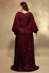 Curveins Plus Size Sequin V Neck Lantern Sleeve Maxi Dress
