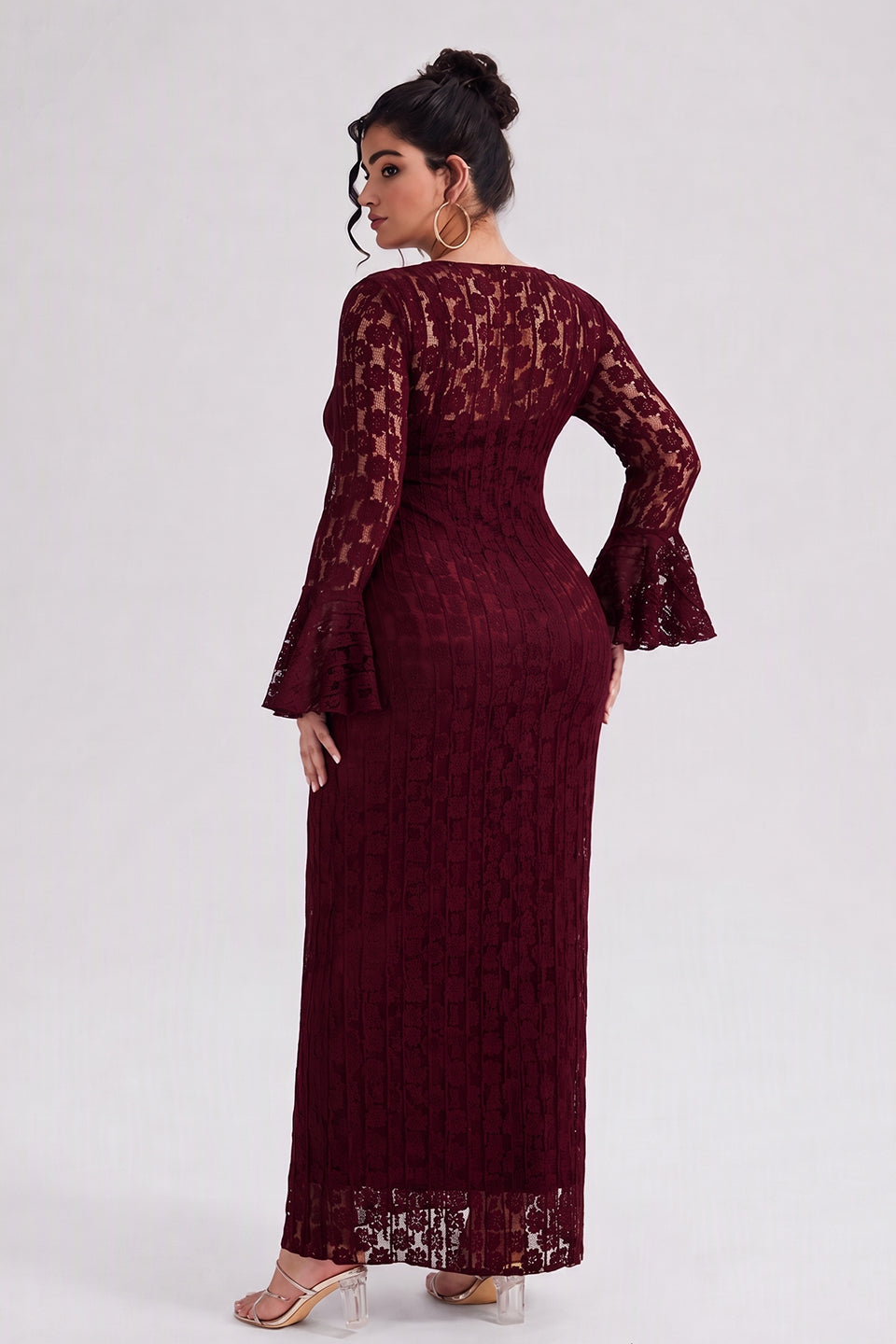 Curveins Plus Size Crew Neck Flared Long Sleeve Floral Bodycon Elegant Maxi Dress