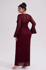 Curveins Plus Size Crew Neck Flared Long Sleeve Floral Bodycon Elegant Maxi Dress