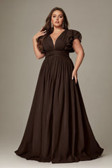 Curveins Plus Size V-Neck Ruffle Sleeve Split A-Line Maxi Dress