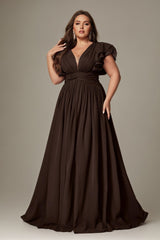 Curveins Plus Size V-Neck Ruffle Sleeve Split A-Line Maxi Dress