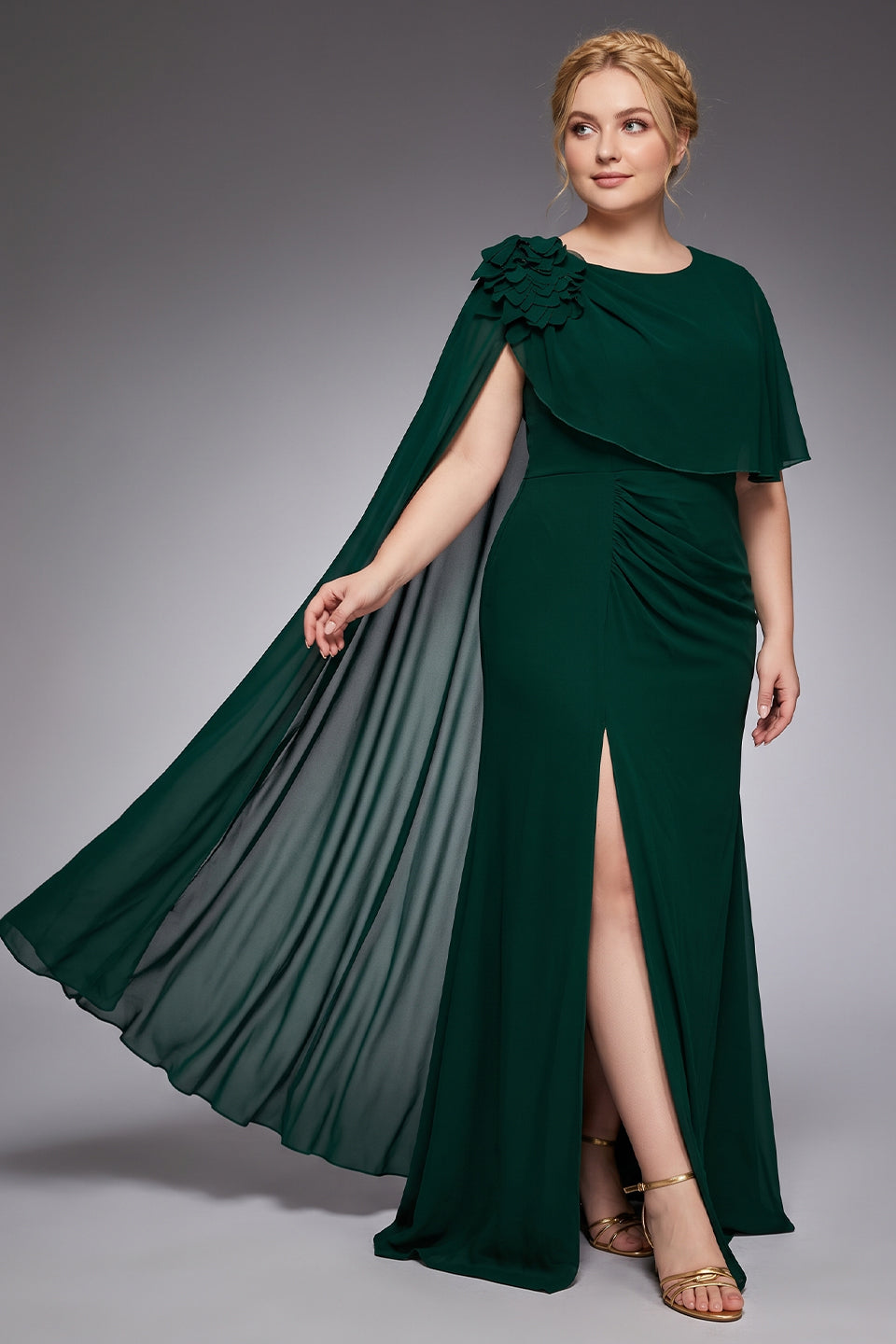 Curveins Plus Size Crew Neck Cape Sleeve Split Hem Elegant Maxi Dress