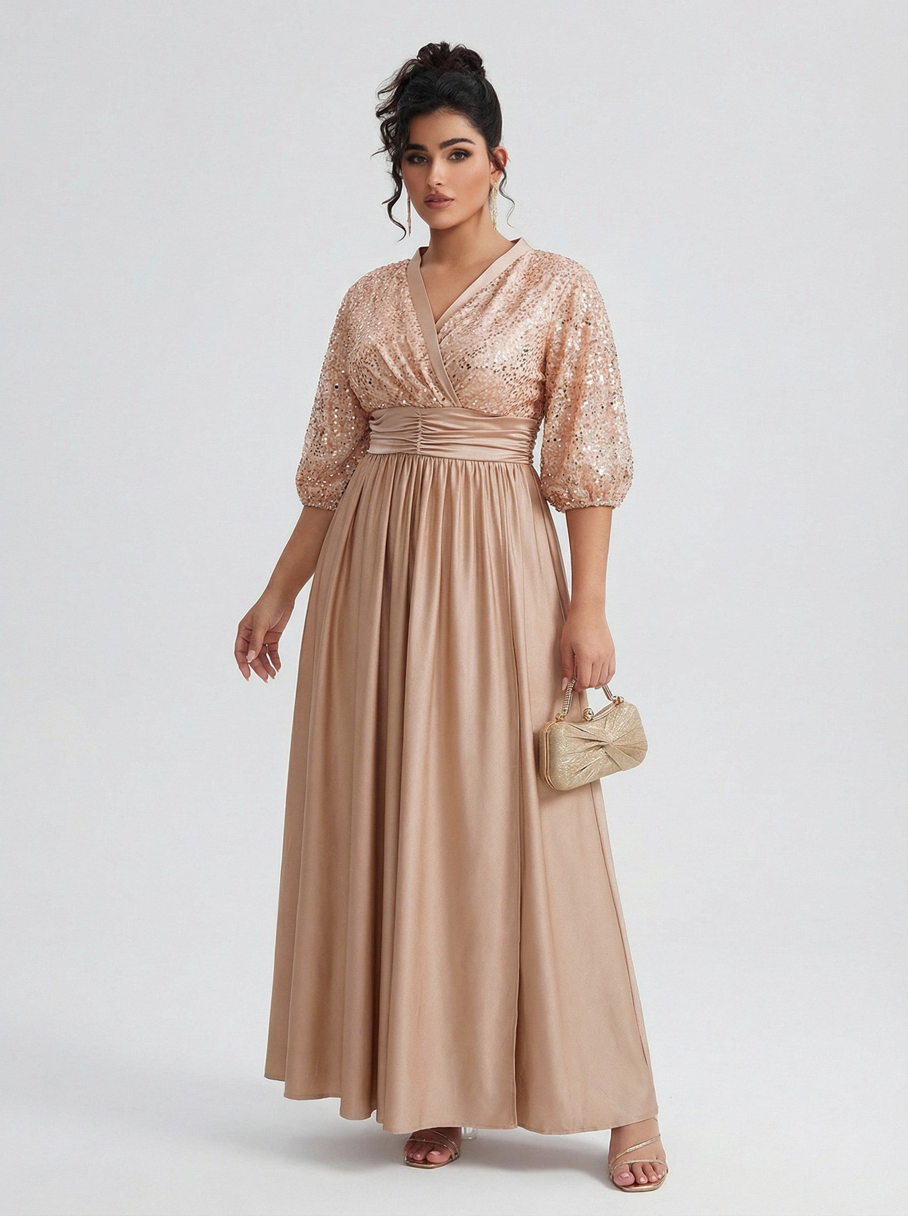 Curveins Plus Size Elegant V-Neck Sequin Panel Dress